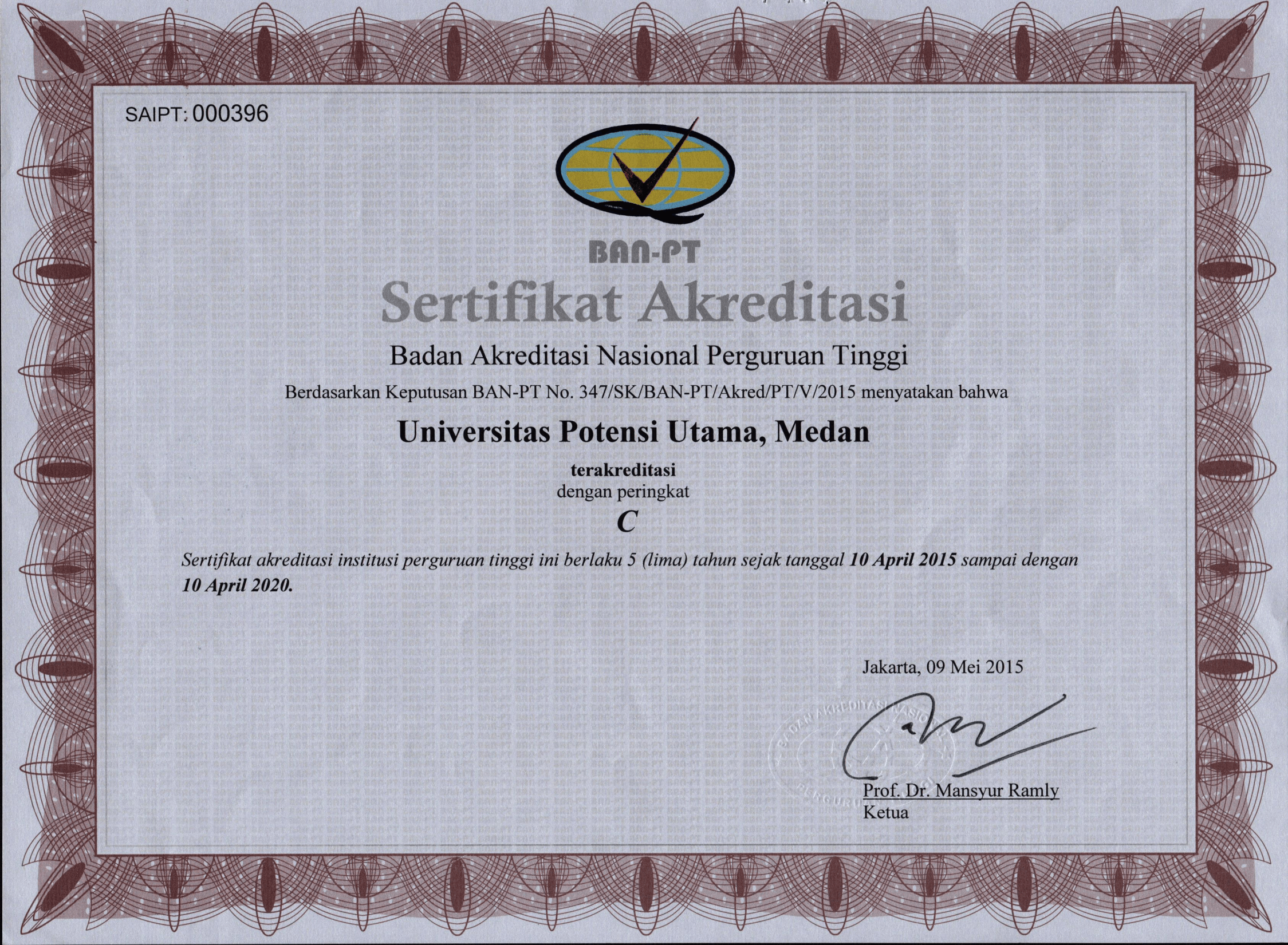 Sertifikat Akreditasi Universitas Potensi Utama 2015 - 2020