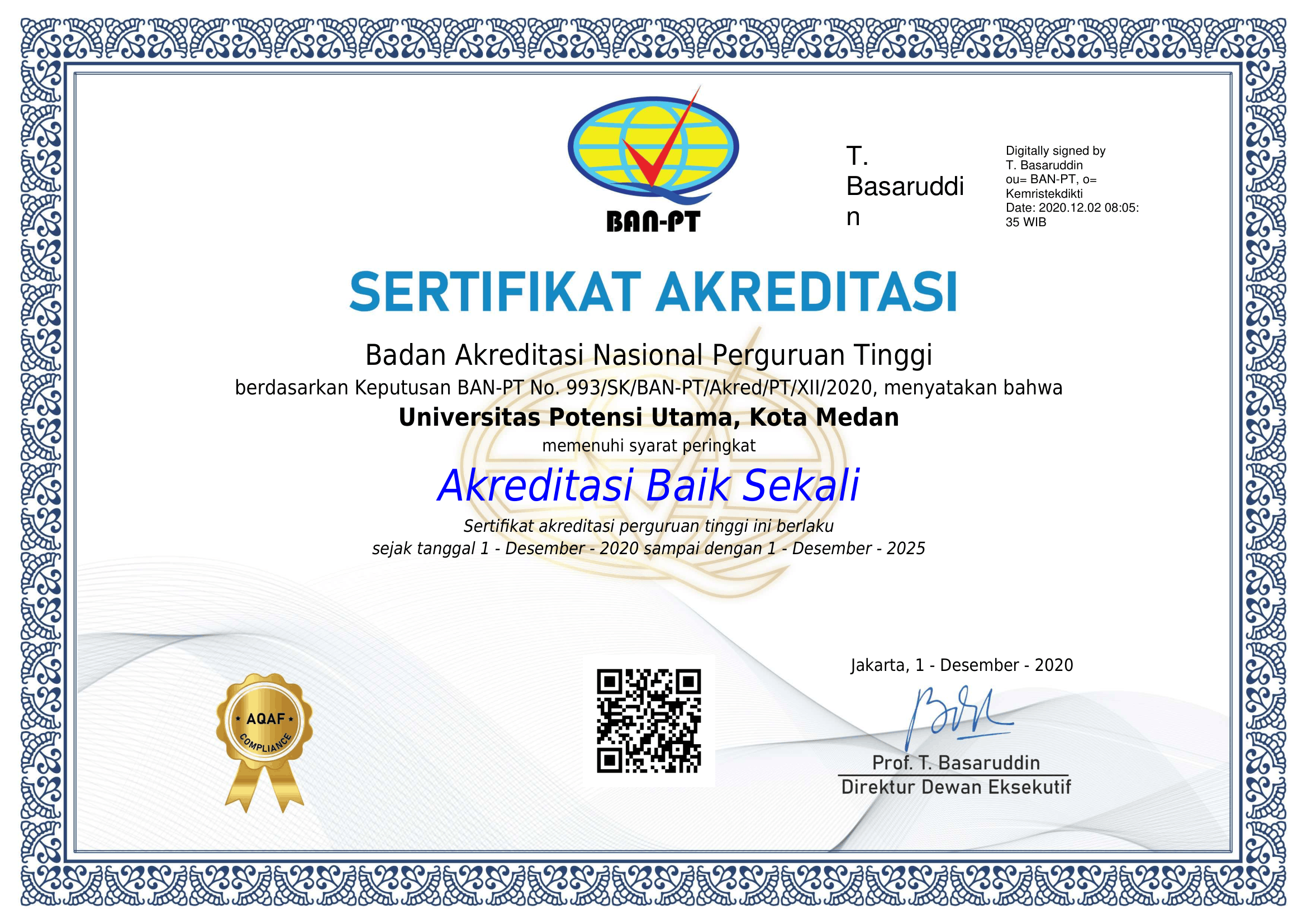 Sertifikat Akreditasi Universitas Potensi Utama 2020 - 2025